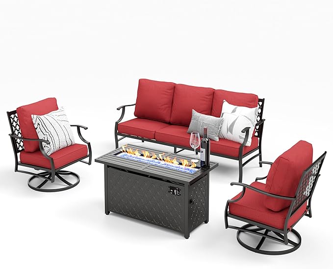 Patio Furniture Set, 4 Pcs Metal Outdoor Conversation Set, 2 Swivel Chairs and 3 Seater Sofa with 5.75" Extra Thick Cushion and Gas Fire Pit Table for Backyard Deck, Red
