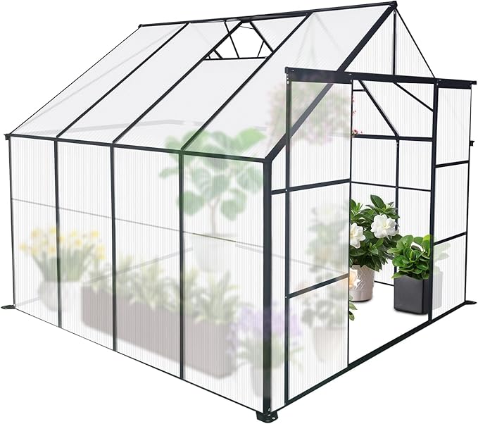 8X8 FT Greenhouses for Outdoors,Polycarbonate Greenhouse, Aluminum Heavy Duty Walk-in Green Houses, Adjustable Roof, Raised Base and Double Sliding Door for Outside Backyard, Black