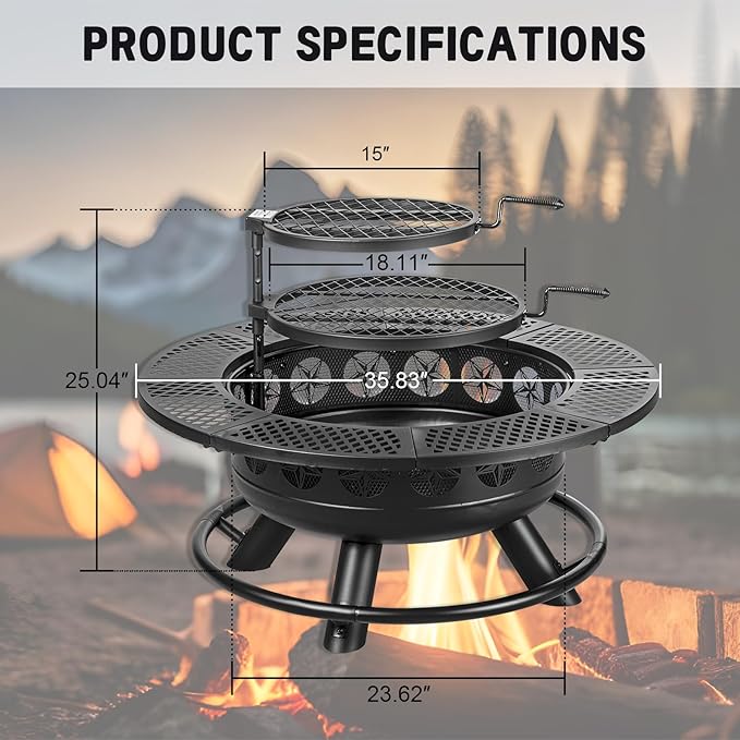 36 Inch Fire Pit with 2 Cooking Grills,Outdoor Wood Burning BBQ Firepit with Lid, 3-in-1 Outdoor Fire Pit for Backyard Deck Bonfire Patio Picnic(Black)