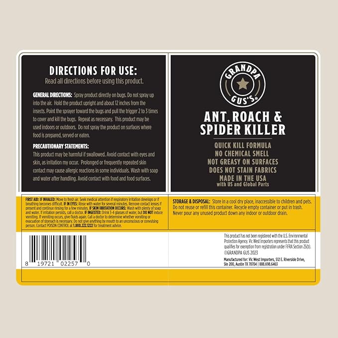 Grandpa Gus's Natural Ant Roach Spider Killer Spray, Fast-Acting Plant-Based Insect Control, Safe for Kids Pets, Indoor Outdoor Use, Non-Greasy, Fresh Scent, 16 fl oz