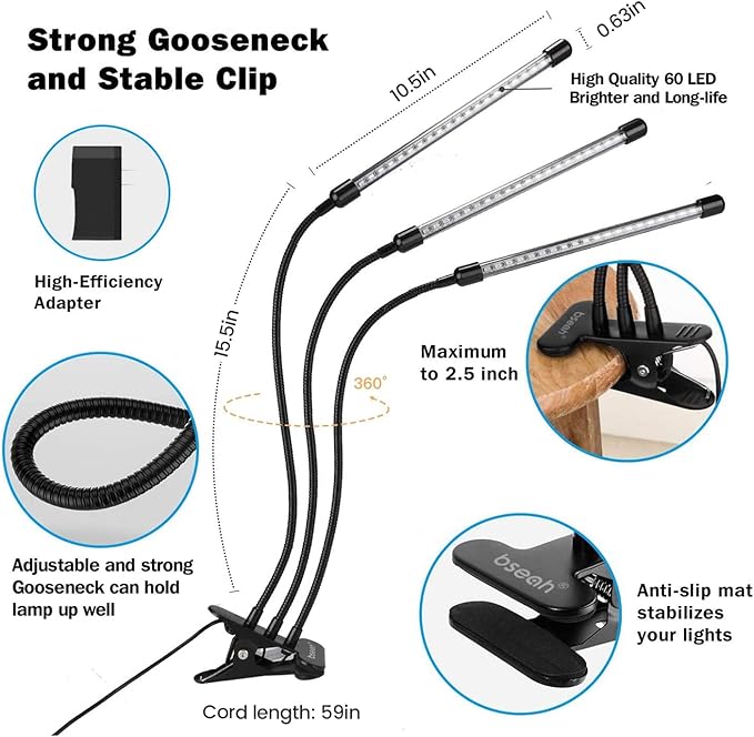 bseah Grow Light Plant Lights for Indoor Plants, Clip-On Full Spectrum Plant Grow Lights, Auto ON & Off Timer 3/9/12H, Dimmable Brightness & 3 Light Modes