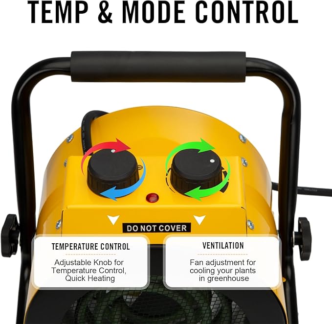 Greenhouse Heater with Digital Thermostat, Green House Heater for Plants,1500W Electric Grow Tent Heaters, Overheat Protection, Fast Heating for Green House, Flower Room, Yellow