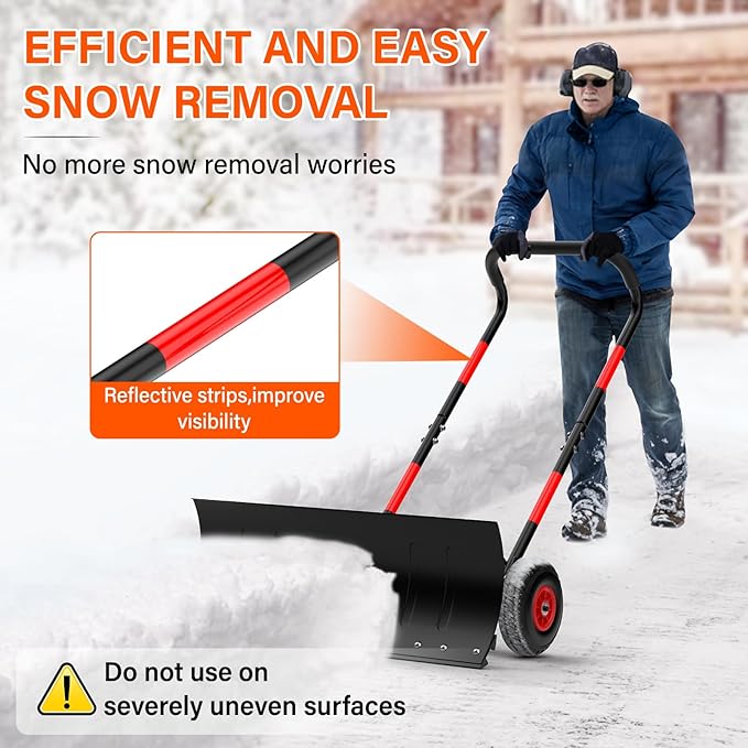Snow Shovel with Wheels,Heavy Duty Steel Snow Shovel Pusher for Driveways,Sidewalks,3 Level Adjustable Handle and Angle Blade Push Plow