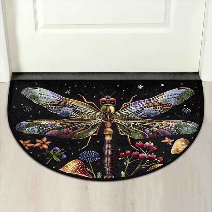cfpolar Non-Slip Soft Half Round Door Mat, Dragonfly Mushroom Flower Semicircle Mat for Indoor Entrance Garage Bath Living Room Patio 24 x 36 in