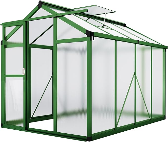 Garvee 6x8 FT Greenhouse - Aluminum Greenhouses for Outdoors, Large Polycarbonate Greenhouse with Roof Vent, Heavy Duty Walk-in Green Houses for Outside Garden, Backyard, Patio, Lawn, Easy Assembly