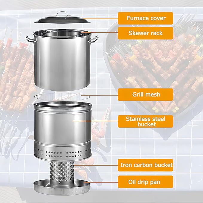 Large Portable Charcoal Grills, Stainless Charcoal BBQ Grill Barrel 360° Smokeless Outdoor Barbecue Grill for Travel, Outdoor Cooking and BBQ, Camping Grill Picnic Patio Backyard