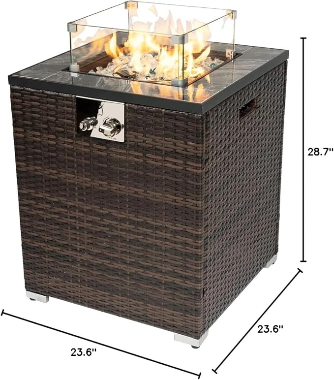 24in Outdoor Propane Gas Fire Pit Table, 40,000 BTU Auto-Ignition Gas Firepit with Glass Wind Guard, Marble Tile Tabletop, Mixed Color Glass Rocks, Brown PE Rattan