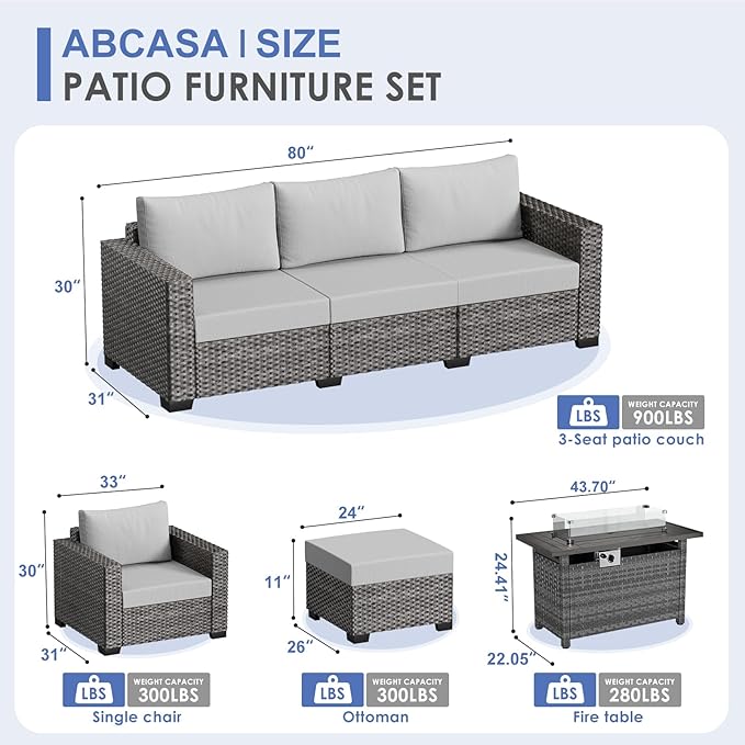 ABCASA Patio Furniture Set with Fire Pit Table, 44" 60,000 BTU Flame Comfortable 8 Piece Wicker Rattan Outdoor Furniture Set with Propane Fire Pit, Patio Conversation Sets for Porch,Deck,Poolside,Grey