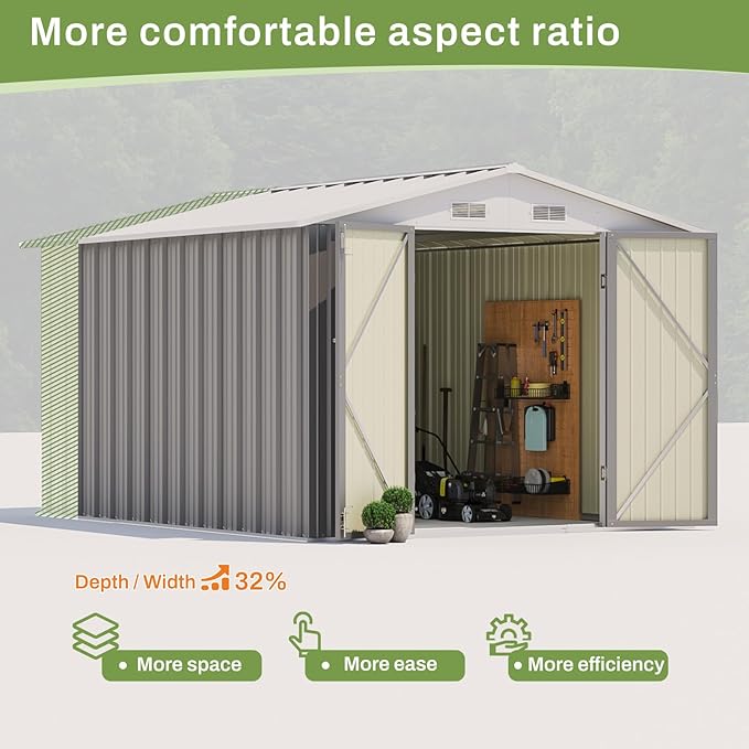 Patiowell 8x10 FT Outdoor Storage Shed with Floor Frame, Large Garden Tool Metal Shed with Sloping Roof and Double Lockable Door, Outdoor Shed for Backyard Garden Patio Lawn,Grey