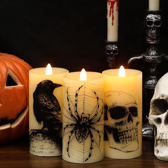 Eldnacele Halloween Flickering Candles with Skull, Spider Web, Crow, Raven Decals, Set of 3 Flat Wick Battery Operated Halloween Themed LED Candles with Remote Timer Spooky Decor
