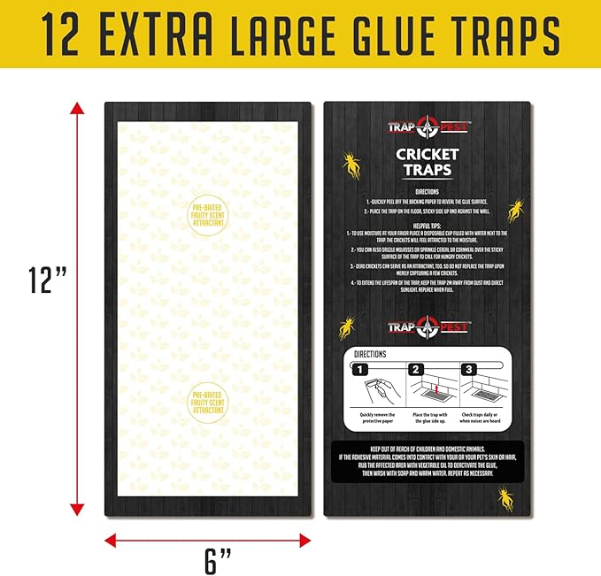 Cricket Traps Indoor (12 Traps) Extra Large Bug Sticky Traps - Non-Toxic Extra Sticky Glue Traps for Bugs - Pre-Baited Fruity Scent Crickets Bug Trap Indoor - Insect Glue Traps for Bugs - Trap a Pest
