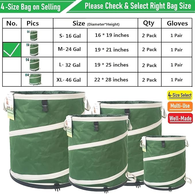 2-Pack 24 Gallon Collapsible Trash Can (19x21 in) Solid Bottom for Pop-Up Trash Can,Recycling Bin,Camping Waste Bin,Laundry Hamper,Yard Waste Bag,Yard Debris Bag,Lawn Grass,Garden Weeds Bags,Leaf Bags