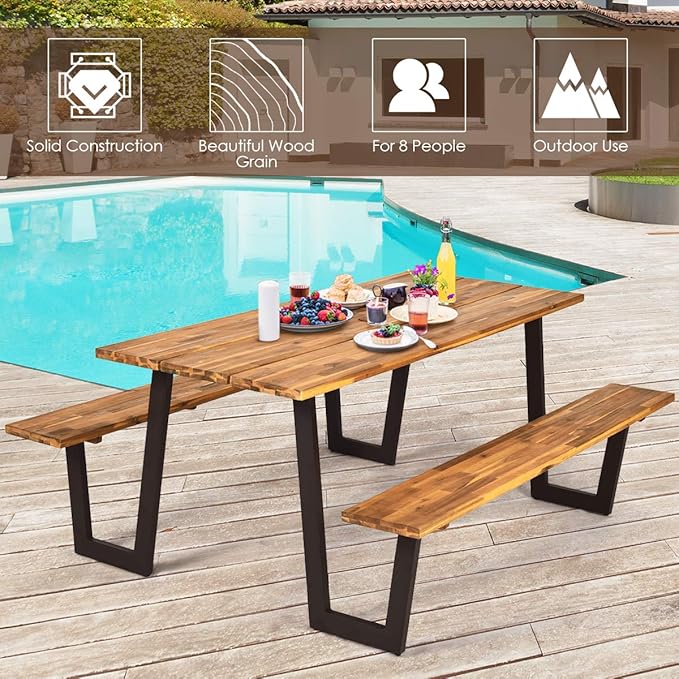 Giantex Picnic Table Bench Set with Umbrella Hole, Outdoor Dining Table Set, 70'' Acacia Wood Picnic Beer Table with Metal Frame Patented