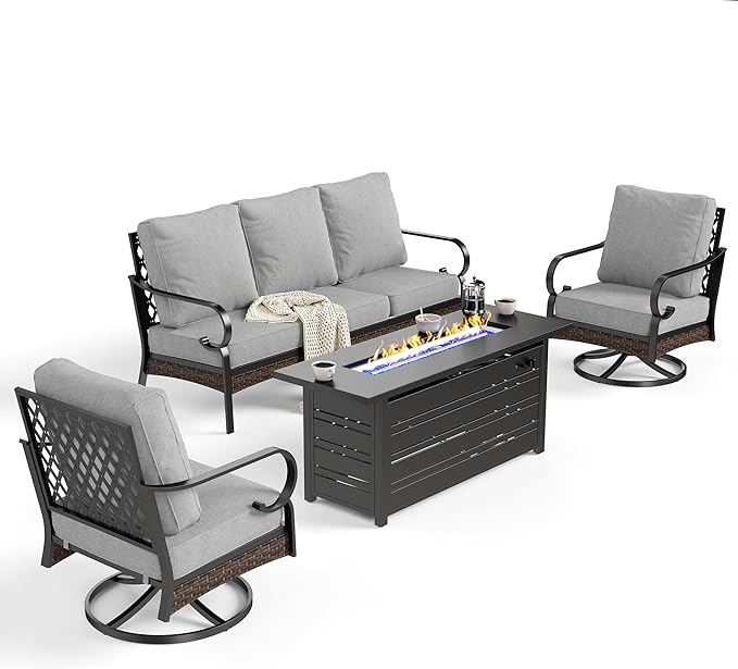 4 Piece Black Metal Outdoor Patio Furniture Sets with Firepit Table, Patio Conversation Sets 1 3-Seater Sofa, 2 Swivel Sofa with 5.75" Cushion Backyard Furniture for Deck, Light Gray