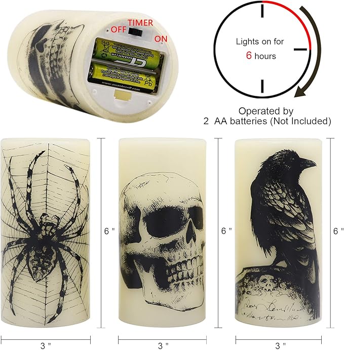 DRomance Halloween Flameless Flickering Candles Battery Operated with 6 Hour Timer White Real Wax Spooky LED Pillar Candles Skull Spider Crown Decals Hallloween Indoor Decor(3 x 6 Inches)
