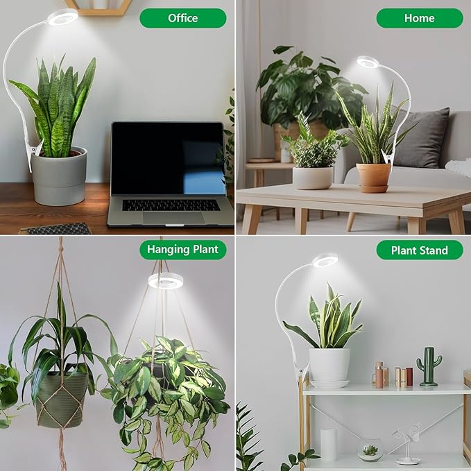 Grow Light, LED Full Spectrum Plant Light for Indoor Plants, 2 Mounting Methods Clip or Plug, White Halo Plant Growing Lamp with 3 Light Modes, 6/12/16H Timer, 5 Level Dimmable