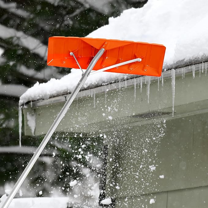 Gisafai Snow Roof Rake Snow Removal Tool with 5 Section Tubes 25 Inch Blade Adjustable 4.8-20 ft Reach Aluminum Shovel Rugged Slide for Single Cabins Car Roof(Orange)