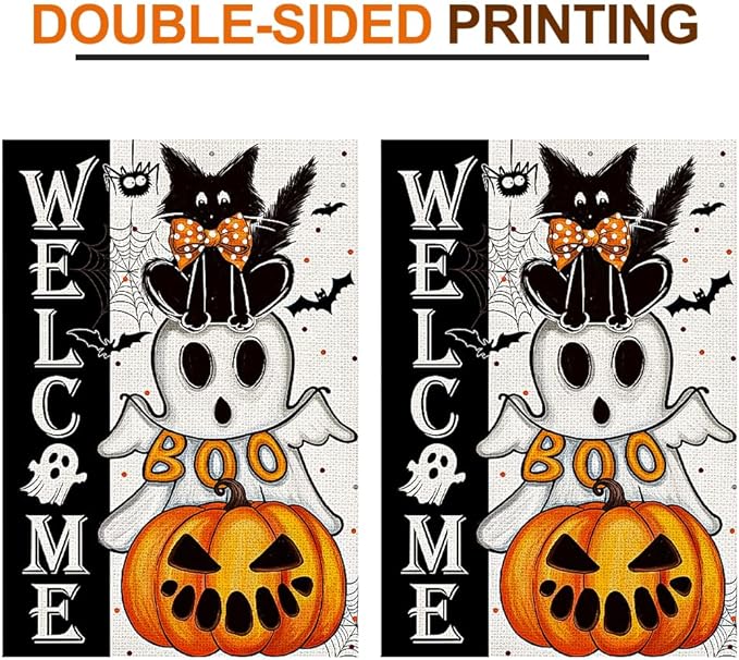 Halloween Welcome Garden Flags for Outside 12x18 Inch Double Sided Burlap, Black Cat Spooky Ghost Pumpkin Sign Small Flag Farmhouse Holiday Yard Lawn Outdoor Decorations DF868