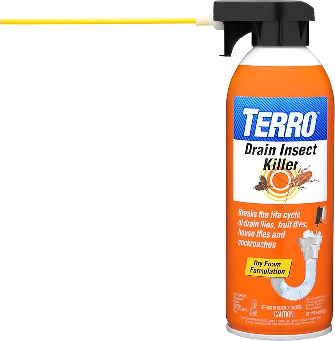 TERRO Drain Insect Killer - T590 Drain Fly Killer Spray - Foam Treatment for Fruit Flies, House Flies, and Cockroaches