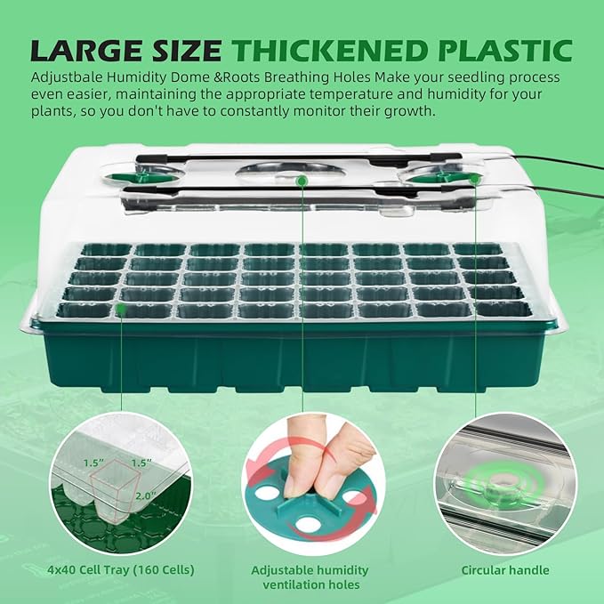 Seed Starter 4 Pack 160-Cell Tray with Grow Lights and Heat Mat,Seed Growing Tray, Germination & Plant Propagation Station for Indoor Plants