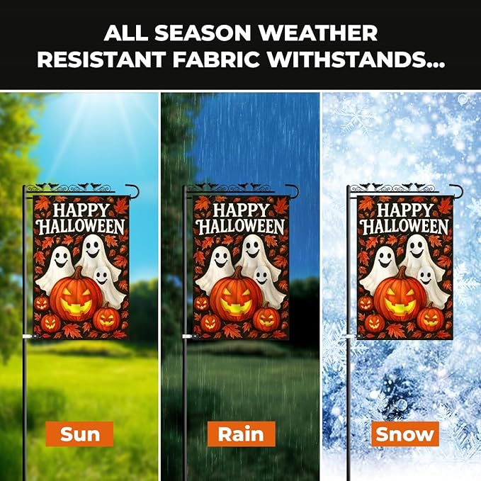 Halloween Garden Flag 12x18 Double Sided Burlap – Fall Outdoor Yard Flag with Pumpkins and Ghosts, Durable Seasonal Decoration