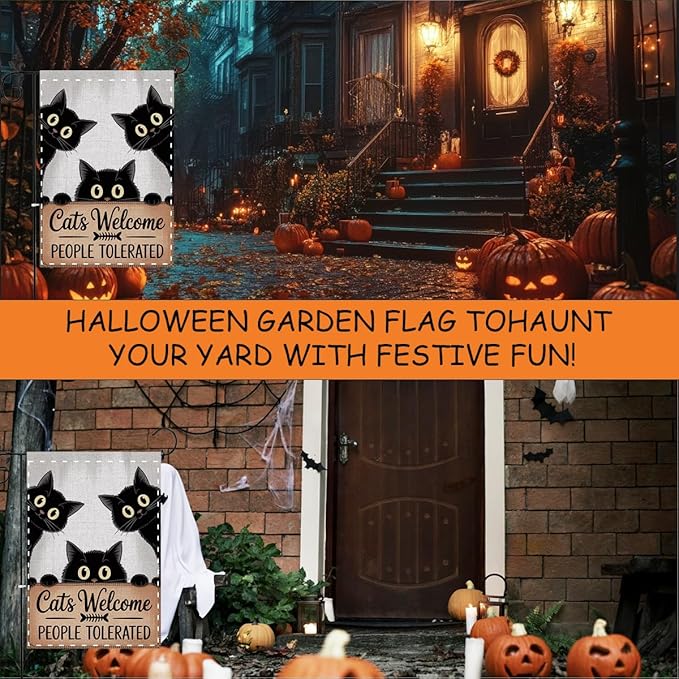 Fokongna Cats Welcome Garden Flag, Cats Welcome People Tolerated Sign Flag, 12x18 Inch Burlap Vertical Double Sided Flags, for Home Yard Outside Decorations