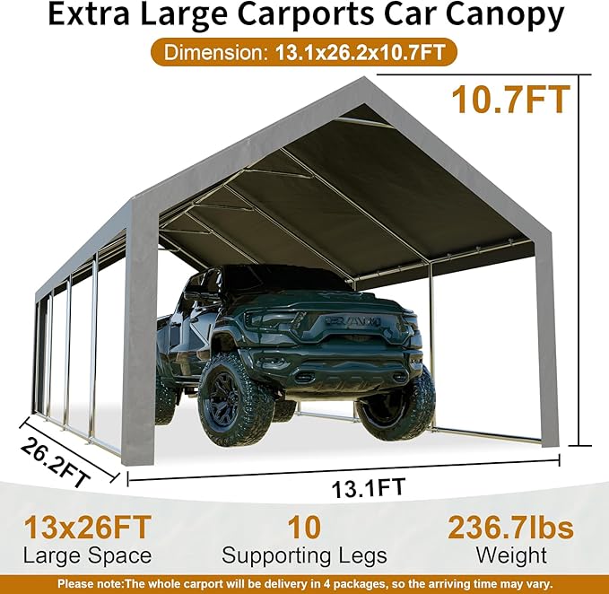 Carport - Upgraded 13x26 FT Oversized Heavy Duty Car Tent Storge Shelter Garage with Zipper Vents & Doors, Tarp Thicken Car Canopy with Reinforced Steel Poles Car Port for SUV, Boats