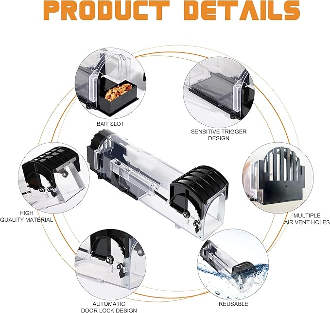 Humane Mouse Traps 2-Pack, 12.2 Inches Enlarged No Kill Rat Traps for Chipmunk - Easy to Use & Clean, No Touch Release, Sensitive, Pet and Children Friendly Mice Trap Catcher Indoor and Outdoor