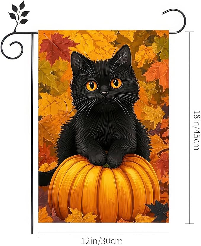 Thanksgiving Fall Garden Flag 12x18 Inch Welcome Black Cat Pumpkin Outdoor Flag Double Sided Autumn Yard Banner Maple Leaves for Porch Lawn Patio Halloween Thanksgiving Decor