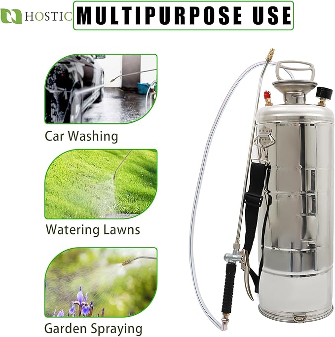 1 Gallon Stainless Steel Sprayer Hand Pump Sprayer with Pressure Gauge Safety Valve Adjustable Nozzle for Gardening Lawn and Cleaning