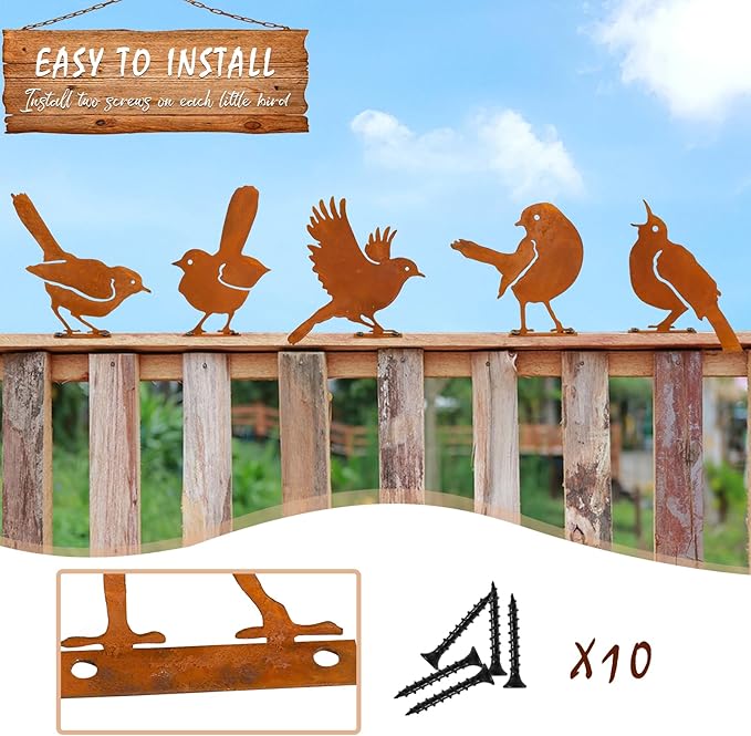 Nbippiooiwip Five-Piece Rustic Outdoor Bird Garden Sculpture Set, Metal Wall Art Bird Ornaments Ideal for Garden Stakes, Fields, Parks, Hotels, and Bird Enthusiasts Rustic Style