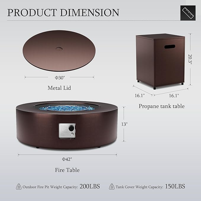 UPHA 42-inch Outdoor Propane Gas Fire Pit Table 50000 BTU Iron Round Firepit for Outside Patio with Tank Hidden Table, Removable Lid, Blue Glass Rocks, Rain Cover, Brown