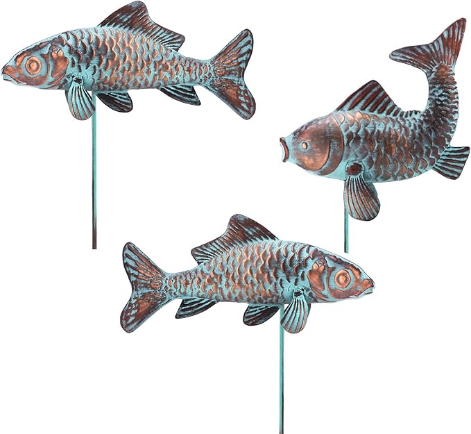Set of 3 Garden Koi Fish Statue Antique Copper Fishes Outdoor Décor Garden Sculptures & Statues Metal Koi Fish Figurine Ornaments for Outdoors,Patio Decor,Backyard and Home Kitchen Decorations