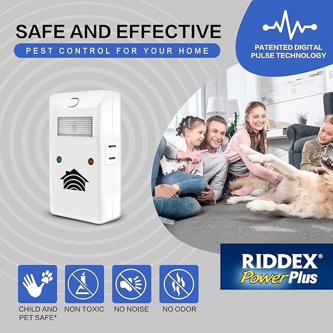 RIDDEX Power Plus Insect Repellent | Plug in, Mouse Deterrent - Pest Control for Defense Against Rats, Mice, Roaches, Bugs and Insects | Control Pests with No Toxins with Side Outlet | 3-Pack