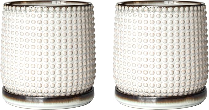 D'vine Dev Set of 2 Ceramic Plants Pots, 6 Inch Beaded Stoneware Flower Pot for Plants with Drainage Hole and Saucer, Smoked White, 27-E-X-1
