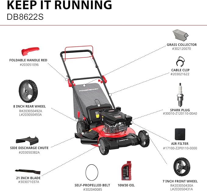 PowerSmart Self Propelled Gas Lawn Mower 22-Inch with 170cc OHV Engine, RWD Single-Speed 3-in-1 with Bagging DB8622S