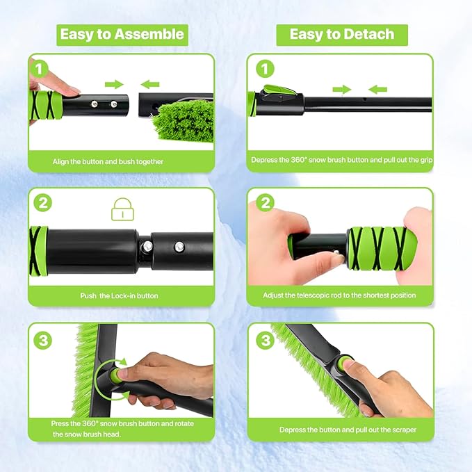 44" Ice Scraper and Snow Brush for Car Windshield with Extendable, 360° Pivoting, Soft Bristle Head, Foam Grip, for Car, Truck, SUV Window Tool (Green)