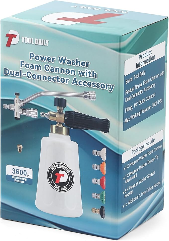 Tool Daily Foam Cannon for Pressure Washer with Double Tip Attachment, Dual Lance Wide Mouth Soap Cannon, 5 Power Washer Sprayer Nozzles, 1/4" Quick Connect, 3600 PSI