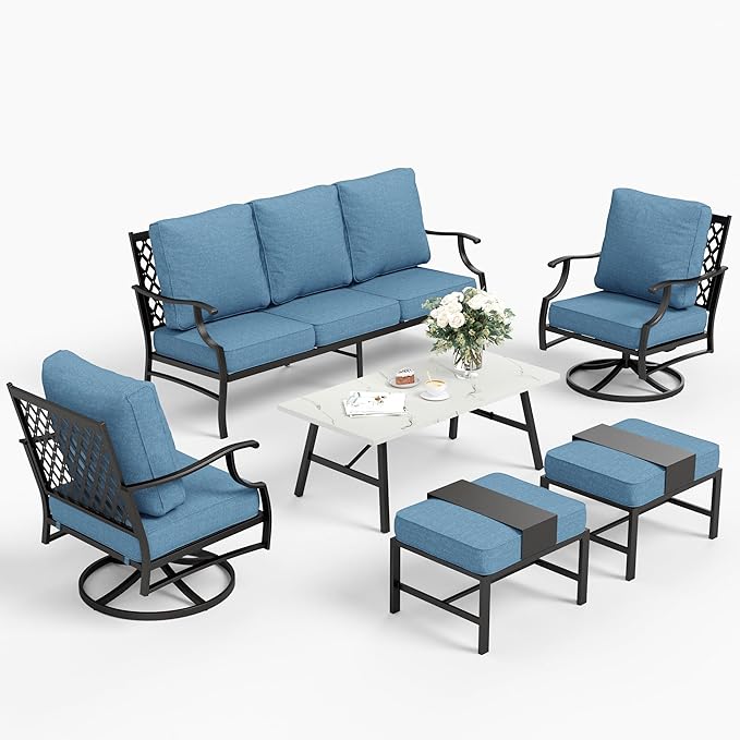 6 Piece Metal Outdoor Patio Furniture Set, Patio Conversation Sets 1 3-seater Sofa, 2 Swivel Chair, 2 Ottomans with 5.75" Thick Cushion and Coffee Table, Black Backyard Furniture, Navy