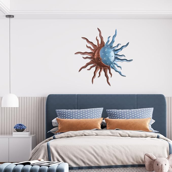 VZVXCC Metal Sun Outdoor Wall Art Decor-30 Inch Larger Size Sun Outdoor Wall Art Decor with Moon & Stars,Retro Decoration Hanging for Indoor Outdoor Garden Fence Living Room Bedroom