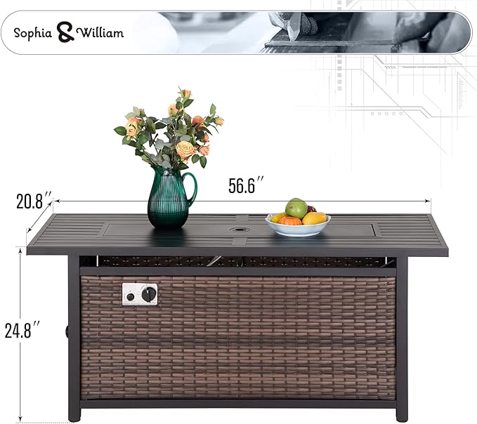 Sophia & William 56 Inch Gas Fire Pit Table Outdoor Rattan Propane Fire Table & Fireplace with Fire Glass, Lid, 50,000 BTU Firepits for Outside Patio
