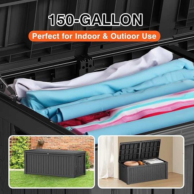 152 Gallon Deck Box Waterproof, UV Resistant Resin Outdoor Storage Box with Hydraulic Rod, Lockable Design and Enhanced Durability for Patio, Garden, and Poolside Use