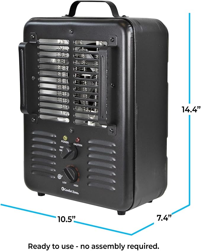 Comfort Zone Electric Portable Utility Space Heater with Adjustable Thermostat, Overheat Protection, & Tip-Over Switch, 1500W, CZ799BK