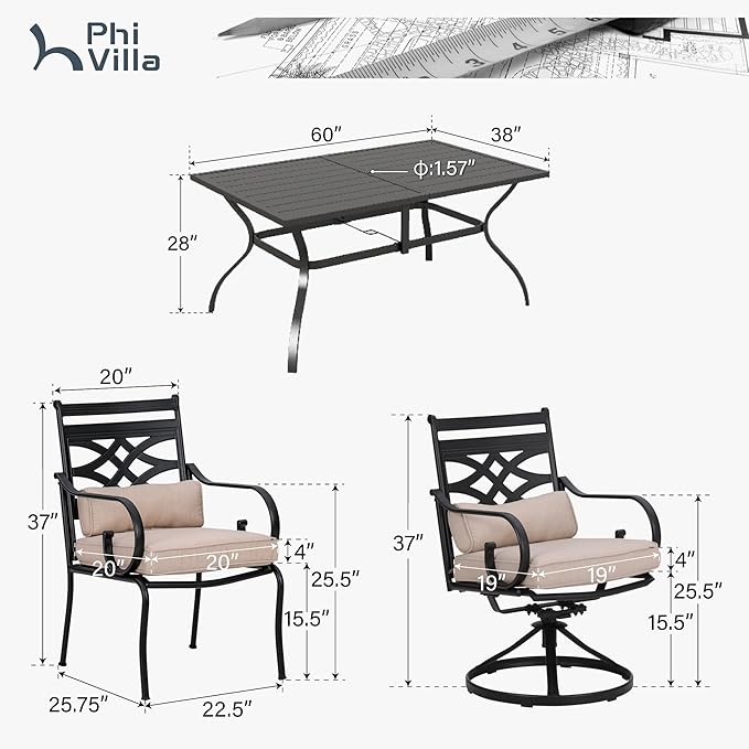 PHI VILLA 7 Pcs Patio Dining Sets,Outdoor Table Chair Set for 6 with 2 Outdoor Swivel Chairs and Metal Rectangular Table,Outdoor Dining Furniture with Cushion and Pillow for Garden Lawn Deck