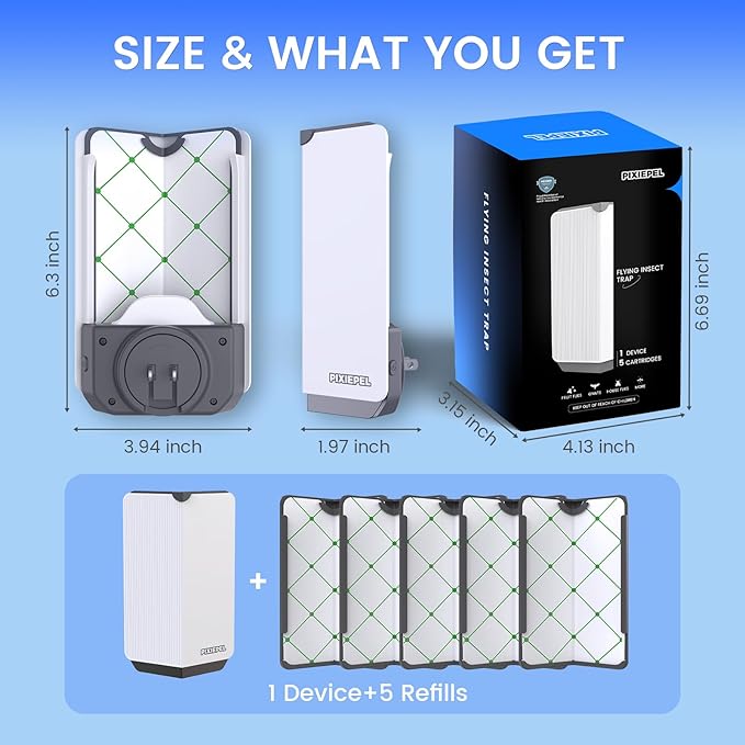 Fly Trap Indoor, 2025 Upgraded UV & Blue Light Flying Insect Trap, Plug in Fly Killer & Indoor Bug Catcher for Gnats, House & Fruit Flies, Mosquito(1 Device & 5 Cartridges)