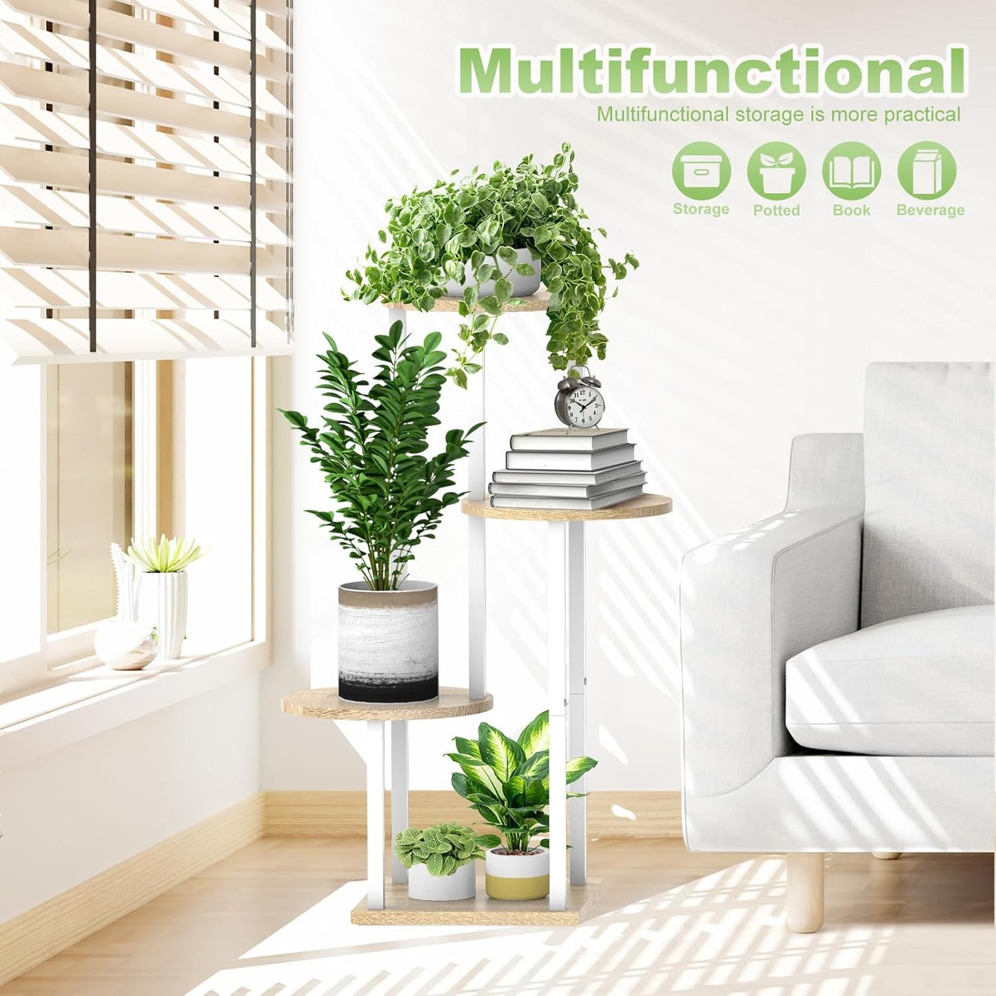 4 Tier Wood Tall Plant Stand Metal Rack Indoor, Multiple Flower Pot Holder Shelves Corner Rack, Round Planter Shelf Display Rack Storage Organizer for Patio Living Room Balcony(White Oak)