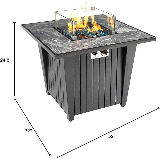 32'' Propane Fire Pit Table, Marble Tile Ceramic Tabletop with Glass Wind Guard, 50,000 BTU Fire Table with Inclined Leg and Art Powder Design, Blue Glass Rocks, Including Lid&Cover, Grey
