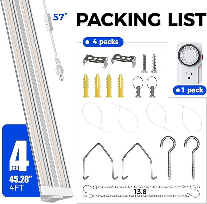 Barrina TX72 4FT Grow Lights for Seed Starting, 288W(4 x 72W, 2000W Equivalent), Full Spectrum, Linkable, High PPFD, Mechanical Timer, Grow Lights for Indoor Plants with On/Off Switch, 4 Packs