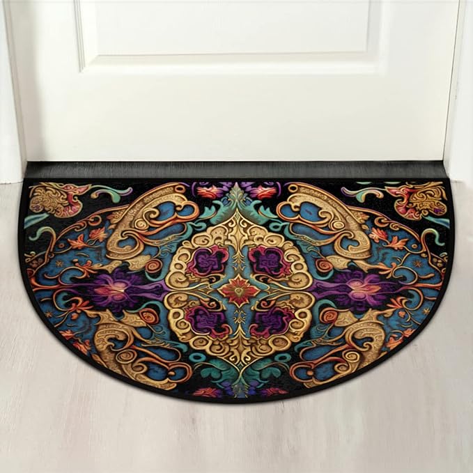 cfpolar Ethnic Half Round Door Mat, Vintage European Style Semicircle Welcome Mat, Non Slip Area Rug Soft Doormat for Front Door Indoor Entrance Wear Resistant for Garage Patio Home 24 x 36 in
