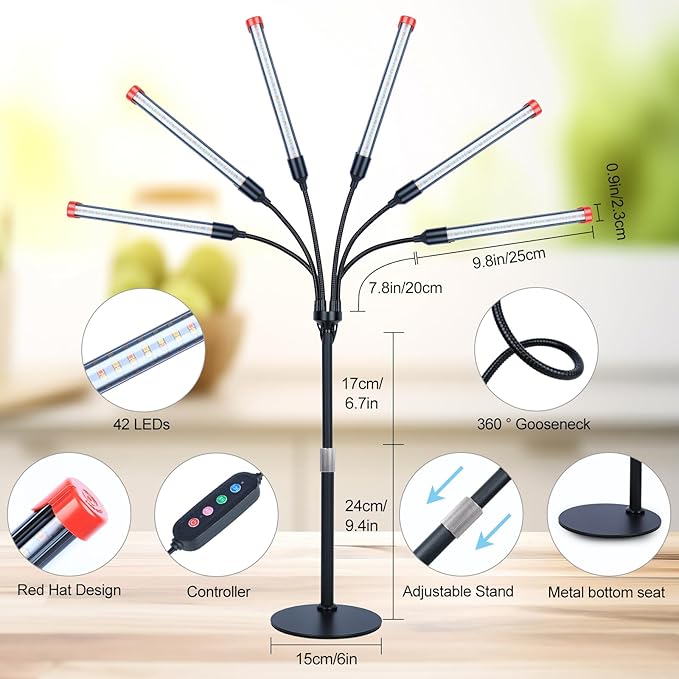 6-Head Table Top Grow Lights for Indoor Plants, Seed Starting, Bonsai with Timer, 54W Power Home Plug, FECiDA 2025 Full Spectrum Plant Growing Lamps, 16"-24" Height Adjustable